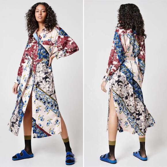 Smythe Dresses & Skirts - SMYTHE Shirtdress Multi Scarf Print Size Small Pink Cream Red Blue Floral Chic